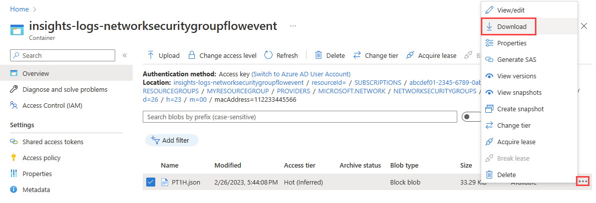 Screenshot che mostra come scaricare il log del flusso nsg dal contenitore dell'account di archiviazione nel portale di Azure.