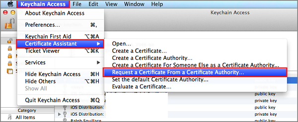 Screenshot that highlights the Request a Certificate from a Certificate Authority menu option.