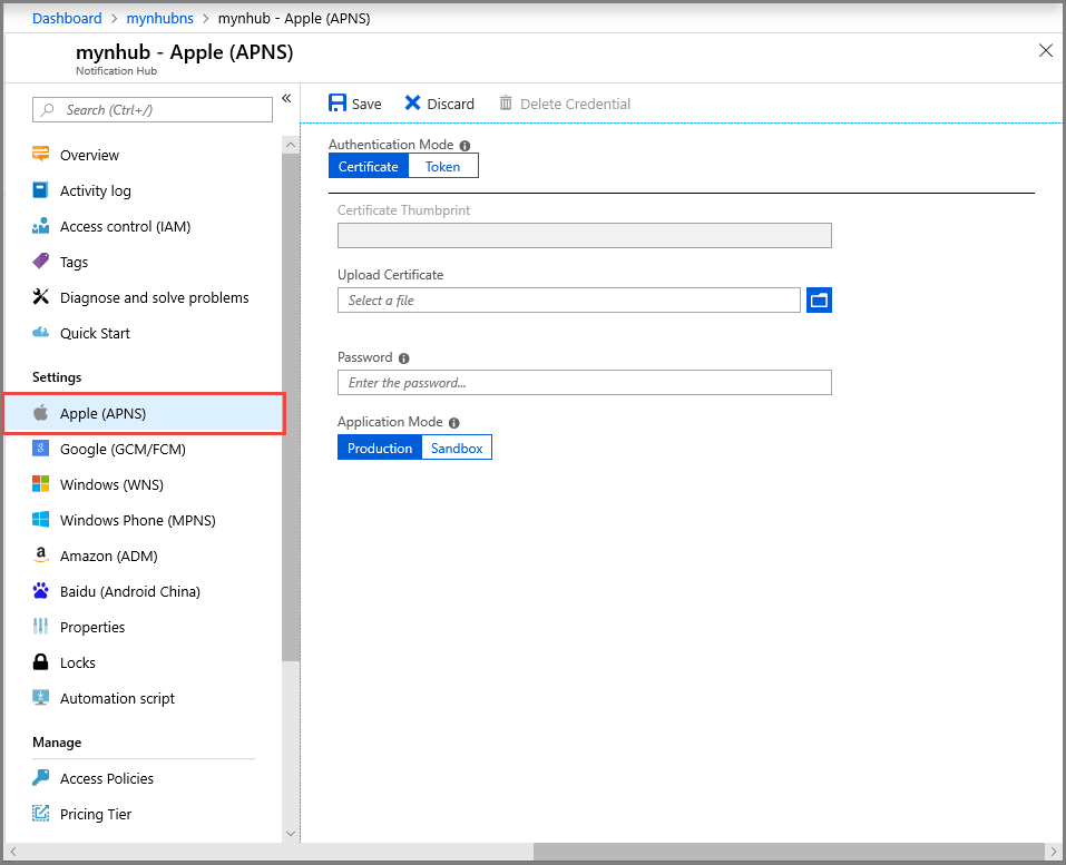 Screenshot della configurazione di un certificato APNS nel portale di Azure