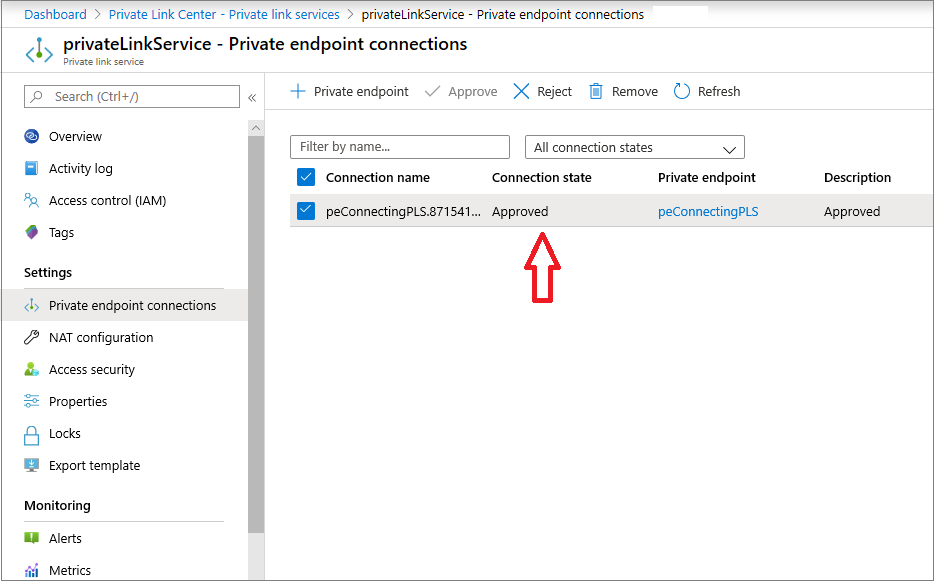 Screenshot delle connessioni dell'endpoint privato.