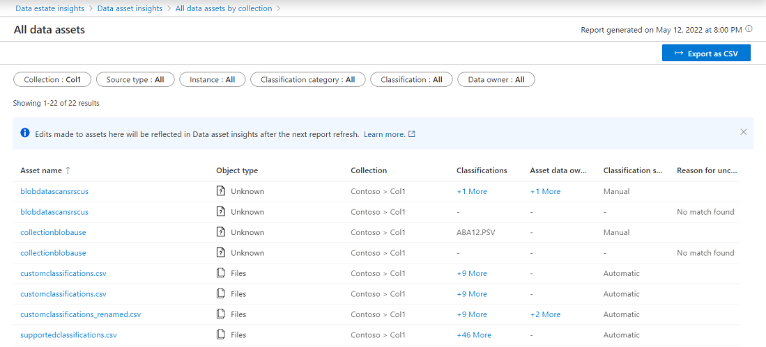 Screenshot della schermata dell'elenco di asset, che mostra tutti gli asset all'interno della raccolta selezionata.