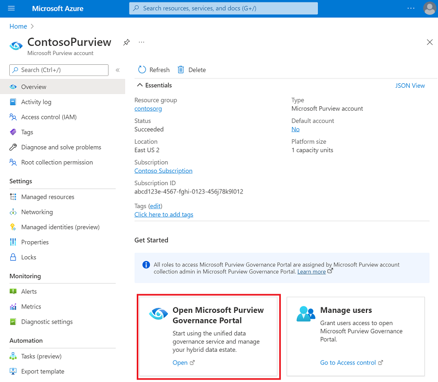 Screenshot dell'account Microsoft Purview in portale di Azure con il pulsante del portale di governance di Microsoft Purview evidenziato.
