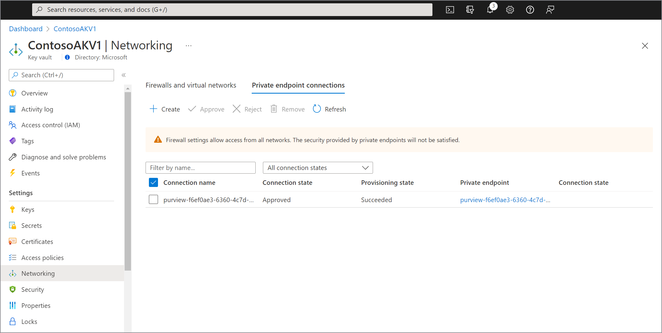 Screenshot che mostra l'endpoint privato approvato per Azure Key Vault in portale di Azure