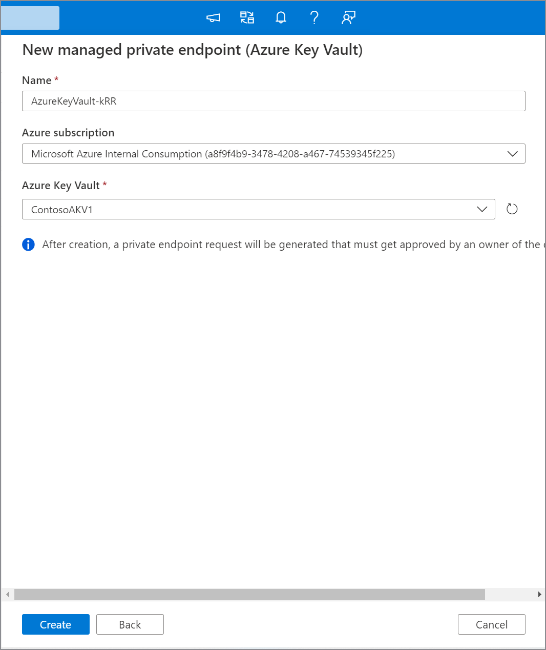 Screenshot che mostra come creare un endpoint privato gestito per Azure Key Vault nel portale di governance di Microsoft Purview