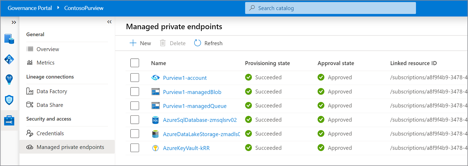 Screenshot che mostra gli endpoint privati gestiti, tra cui Azure Key Vault nel portale di governance di Purview