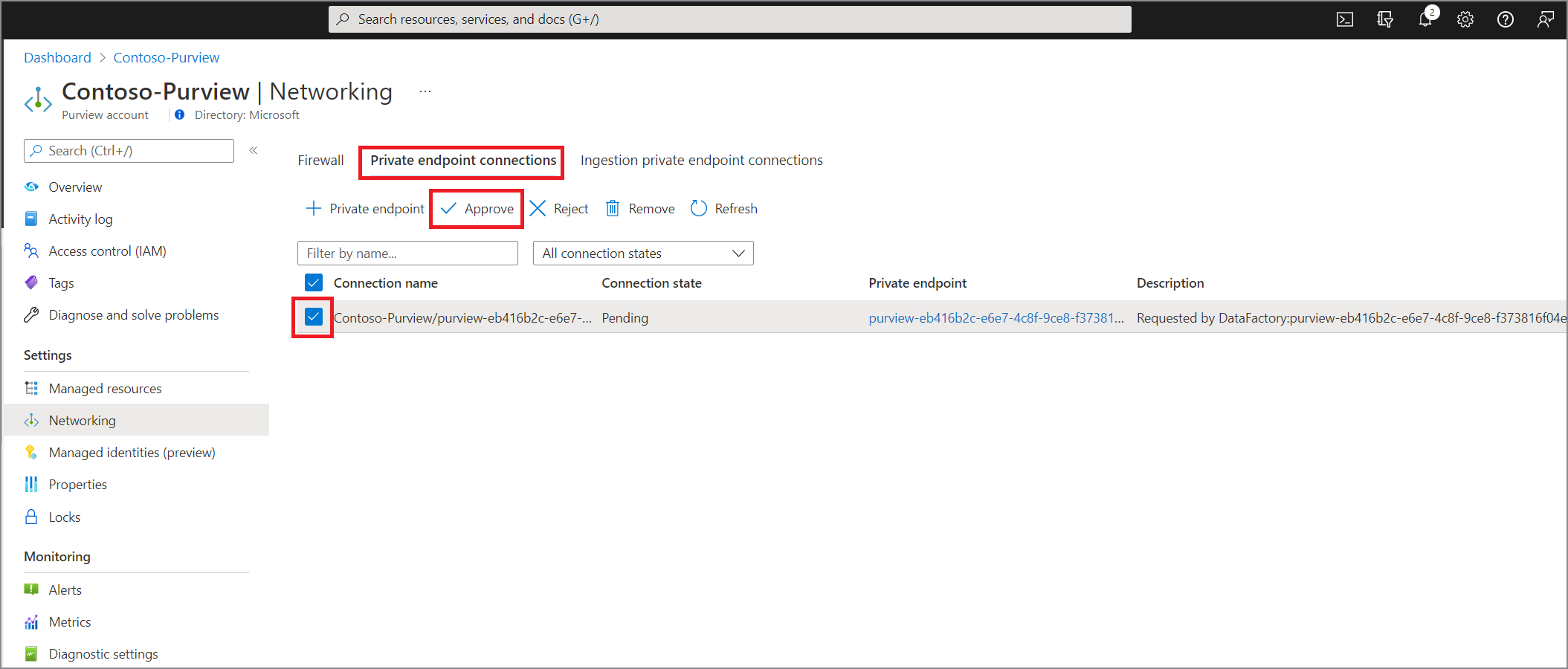 Screenshot che mostra come approvare un endpoint privato gestito per Microsoft Purview