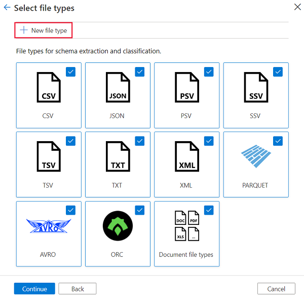 Screenshot che mostra come selezionare Nuovo tipo di file nella pagina Seleziona tipi di file.
