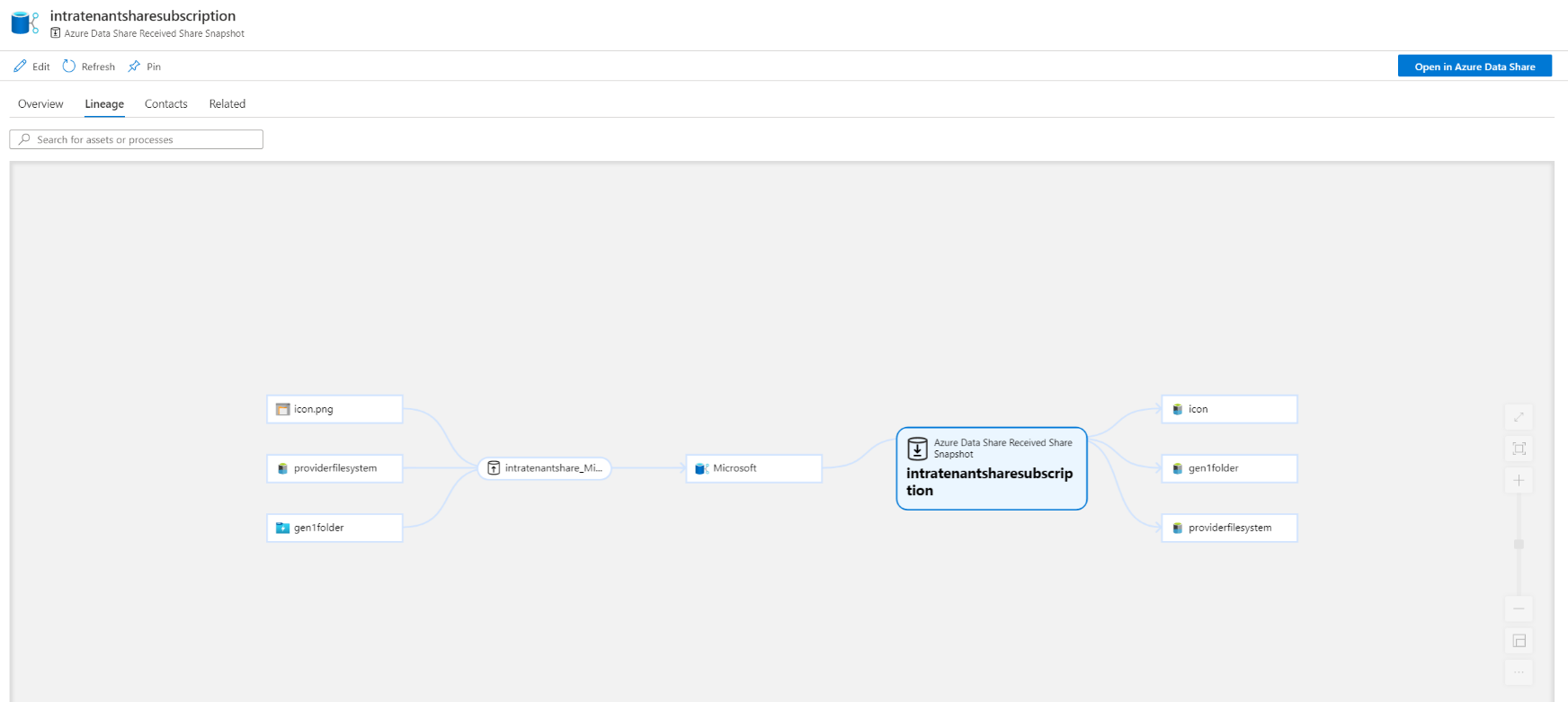 Screenshot della derivazione dei set di dati condivisi con Azure Condivisione dati.