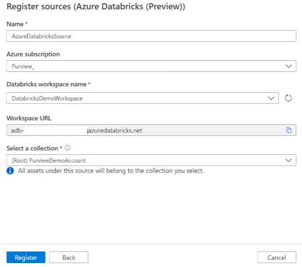 Screenshot della registrazione dell'origine Azure Databricks.