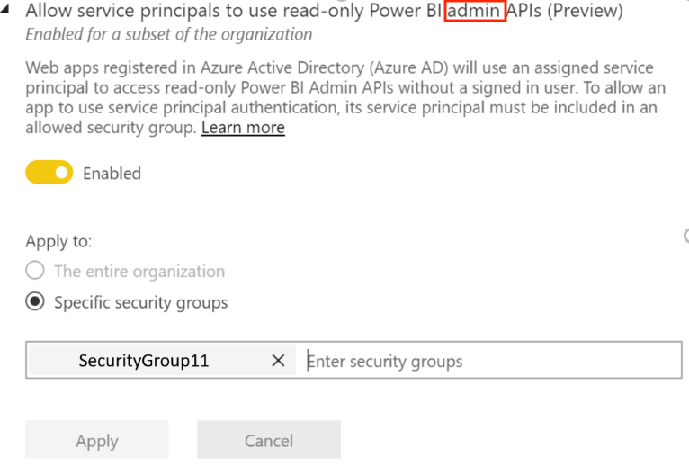 Immagine che mostra come consentire alle entità servizio di ottenere autorizzazioni dell'API di amministrazione di Power BI di sola lettura.