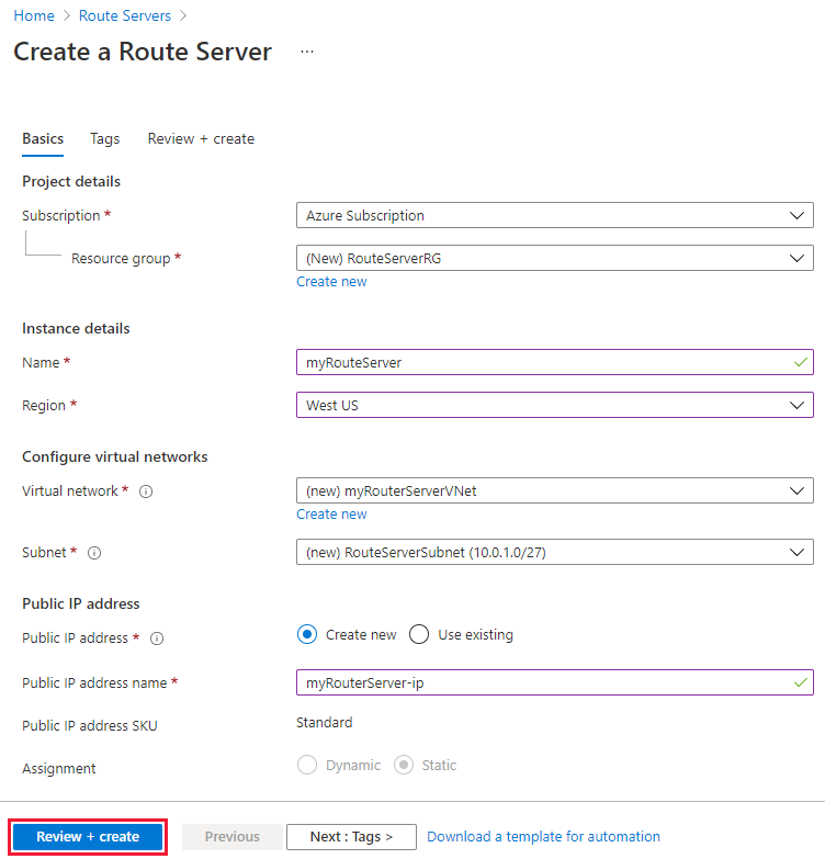 Screenshot della pagina crea server di route.
