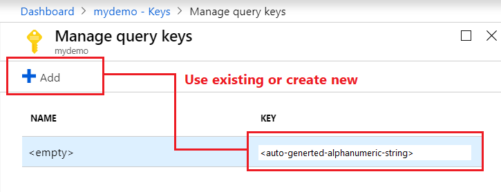 Screenshot delle opzioni di gestione delle chiavi di query.