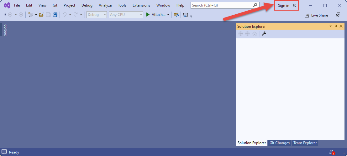 Screenshot che mostra un pulsante per accedere ad Azure con Visual Studio.