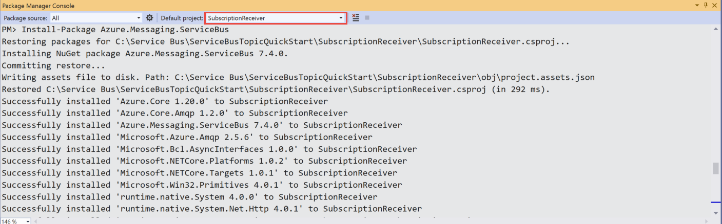 Image showing the selection of SubscriptionReceiver project in the Package Manager Console window.