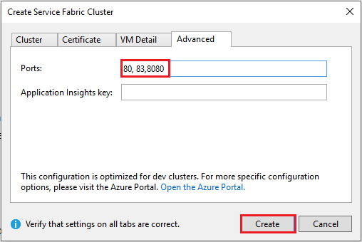 Screenshot che mostra la scheda Avanzate della finestra di dialogo Crea cluster Service Fabric.