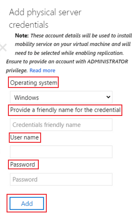 Screenshot dell'opzione Aggiungi credenziali server fisiche.