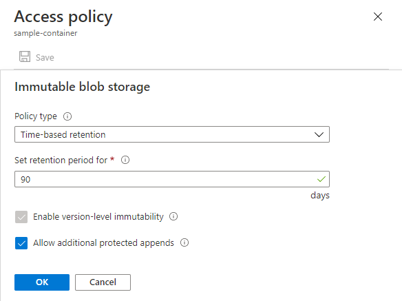 Screenshot showing how to configure a default version-level retention policy for a container