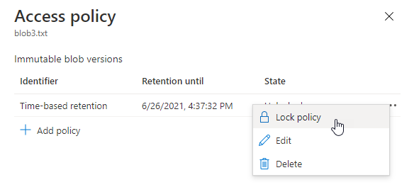Screenshot showing how to lock a time-based retention policy in Azure portal