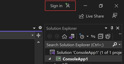 Screenshot che mostra il pulsante per accedere ad Azure con Visual Studio.