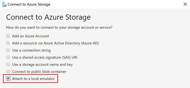 Screenshot di Azure Storage Explorer connessione all'origine di Archiviazione di Azure.
