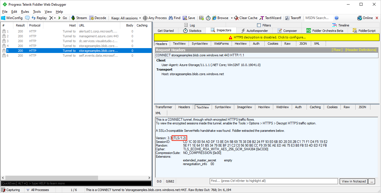 Screenshot che mostra la traccia di Fiddler che indica la versione TLS usata nella richiesta