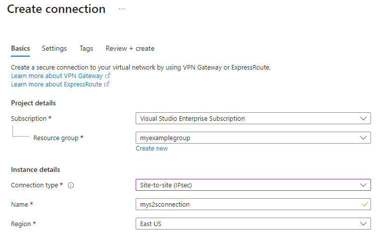 Screenshot showing how to create a site to site VPN connection using the Azure portal.