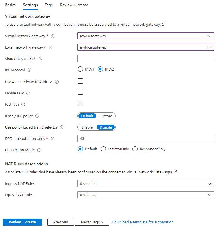 Screenshot showing how to configure the settings for a site to site VPN connection using the Azure portal.