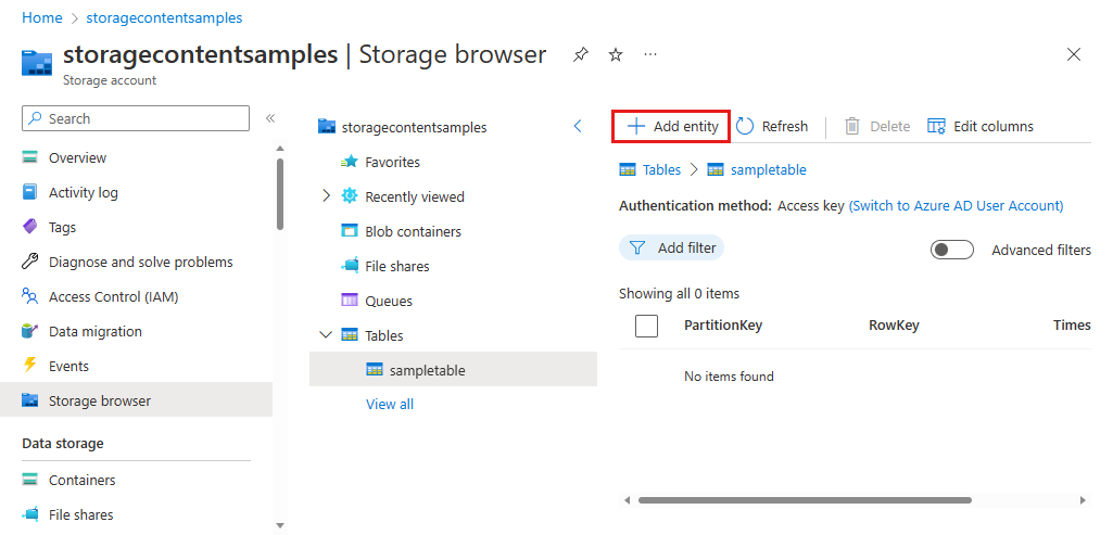 Screenshot showing how to add a new entity to a table in Storage Browser in the Azure portal.