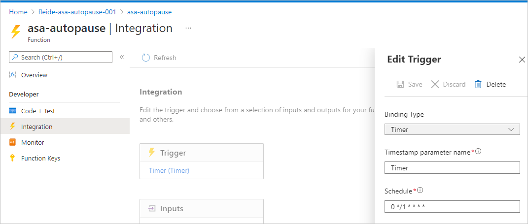 Screenshot of the integration settings of the function