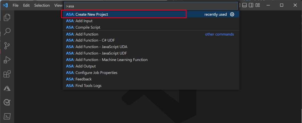 Screenshot che mostra la selezione di ASA: Create New Project (Crea nuovo progetto) nel riquadro comandi.