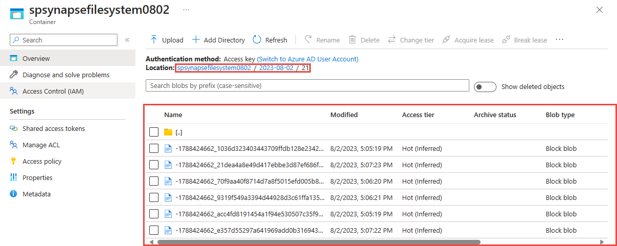 Screenshot che mostra i file parquet acquisiti in Azure Data Lake Storage Gen 2.