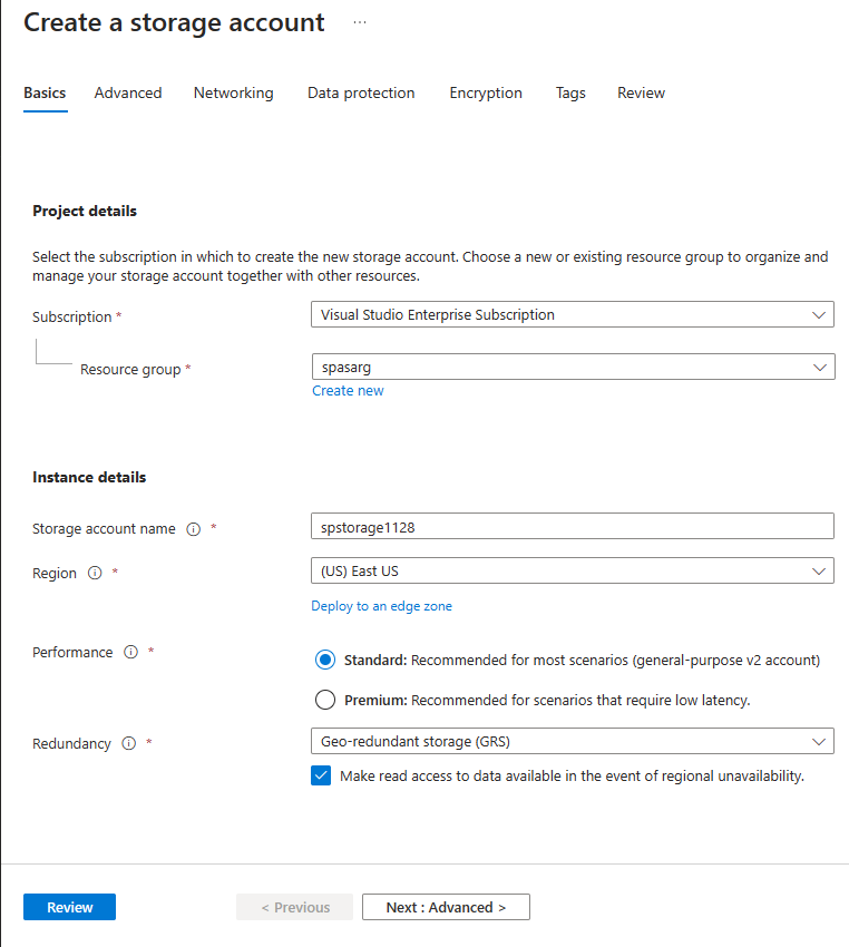 Screenshot che mostra la pagina Crea account di archiviazione nel portale di Azure.