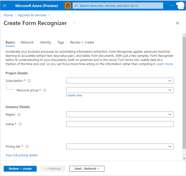 Screenshot that shows Azure AI Document Intelligence in the portal, with the Create button.