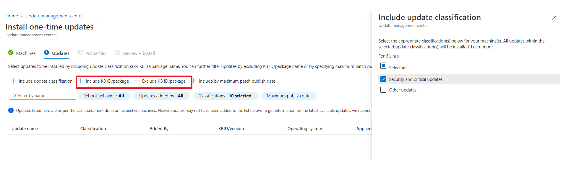 Screenshot che mostra la modifica dei criteri di selezione degli aggiornamenti della configurazione di manutenzione.