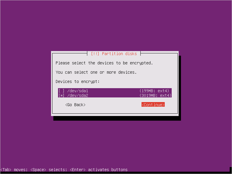 Configurazione di Ubuntu 16.04 - Selezionare i dispositivi da crittografare