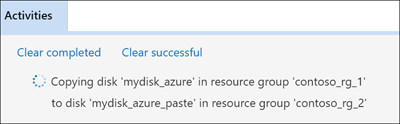 Screenshot di Azure Storage Explorer che evidenzia la posizione del riquadro Attività con i messaggi di stato copia e incolla.