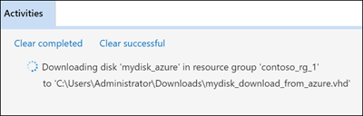 Screenshot di Azure Storage Explorer che evidenzia la posizione del riquadro Attività con i messaggi di stato di download.