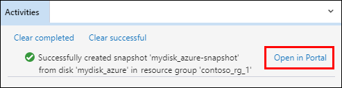 Screenshot di Azure Storage Explorer che evidenzia la posizione del collegamento nel riquadro Attività con i messaggi di stato dello snapshot.
