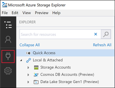 Screenshot di Azure Storage Explorer che mostra la posizione dell'icona Connetti.