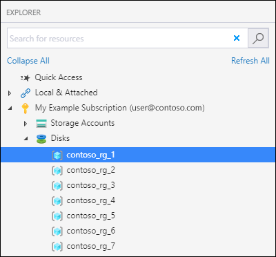 Screenshot di Azure Storage Explorer che evidenzia il percorso del nodo Dischi per il caricamento di un disco.