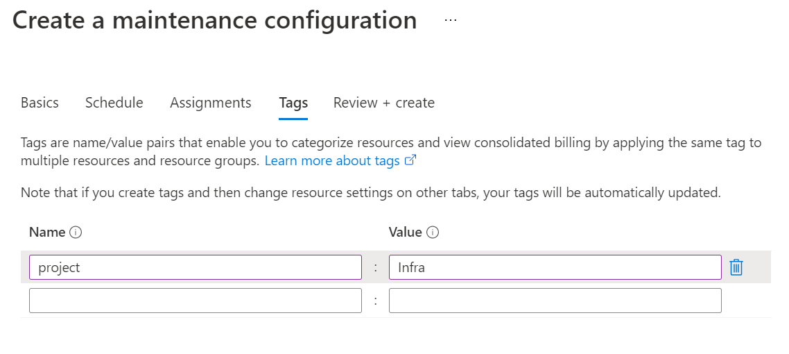 Screenshot che mostra come aggiungere tag a una configurazione di manutenzione