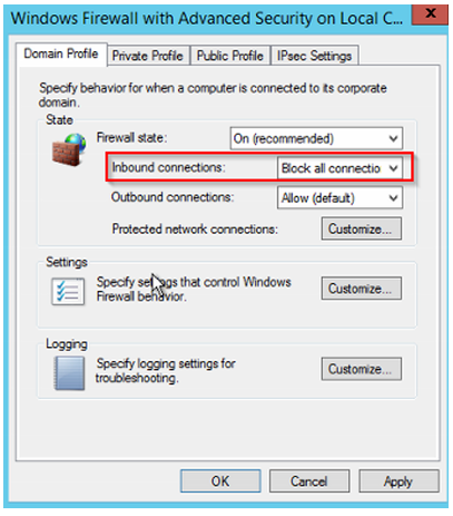 Screenshot dell'opzione Blocca tutte le connessioni in entrata nella scheda Profilo di dominio della finestra delle impostazioni del firewall.