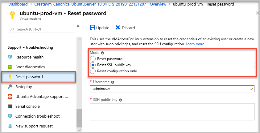 Screenshot per reimpostare la configurazione o le credenziali S S H in Portale di Azure.