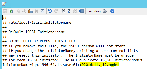 Screenshot che mostra un file initiatorname con valori InitiatorName per un nodo.