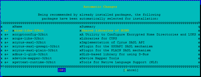 Screenshot che mostra una finestra della console con un elenco di pacchetti selezionati per l'installazione.
