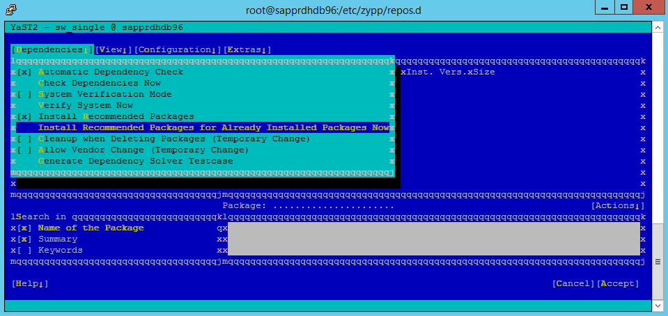 Screenshot che mostra una finestra della console con Installa pacchetti consigliati selezionati.