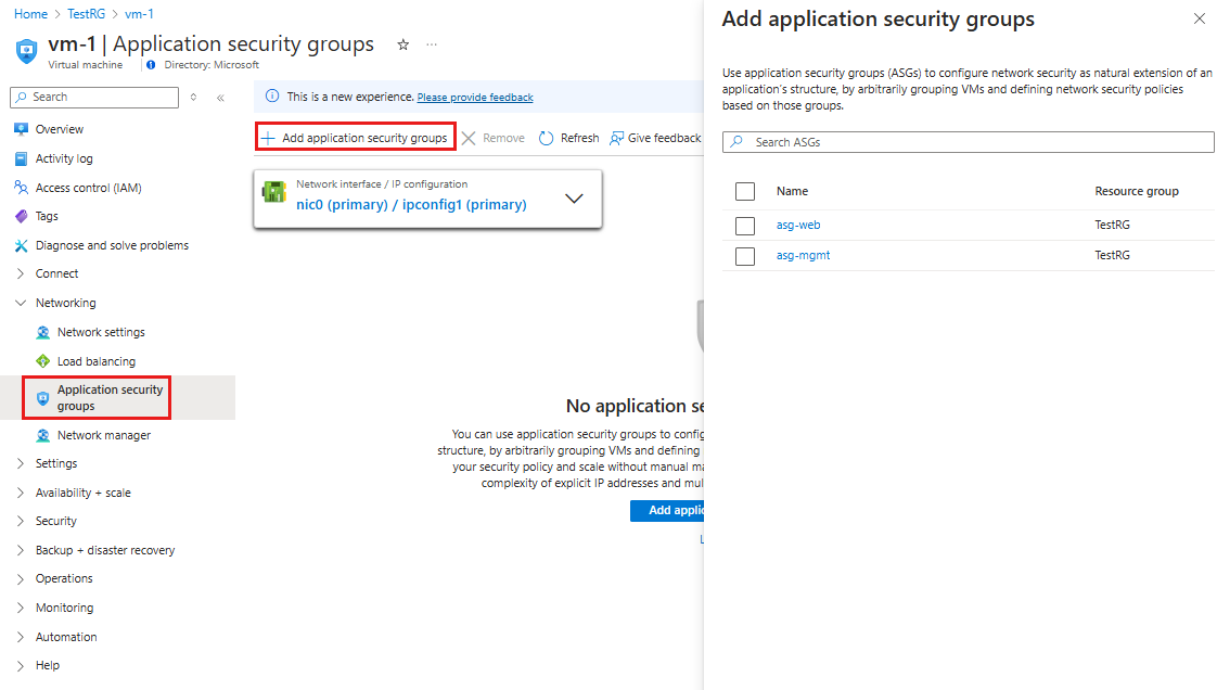 Screenshot di Configurare i gruppi di sicurezza delle applicazioni.