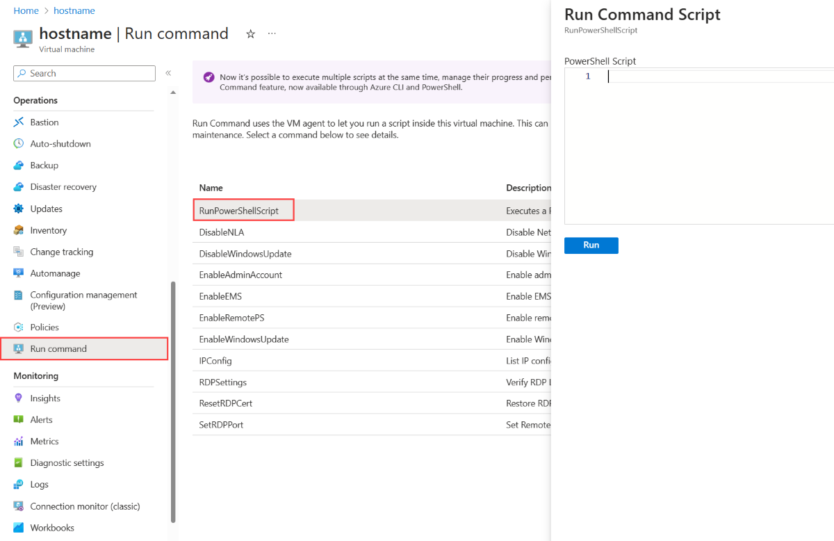 Screenshot che mostra la pagina Esegui comando per una macchina virtuale Windows ed evidenzia la funzionalità RunPowerShellScript.