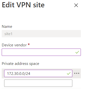Screenshot showing how to edit the Private Address space of a VPN site