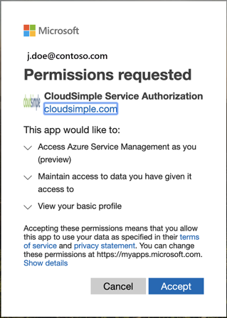 Consenso all'autorizzazione del servizio CloudSimple - amministratori